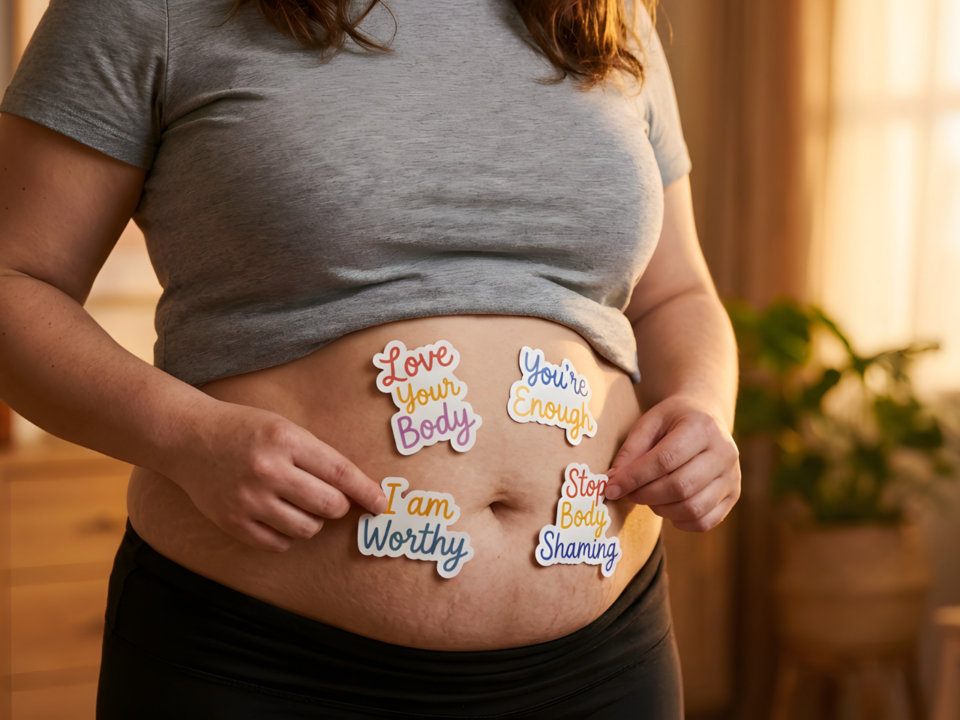postpartum body; woman with affirmations on belly